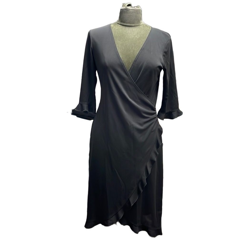 ABS by Allen Schwartz Womens Half Sleeve Plunging Ruffled Faux Wrap Black Size M